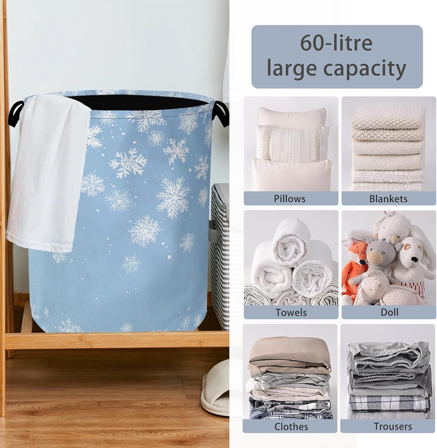 Snowflakes Christmas Laundry Basket,Oxford Cloth Laundry Hamper with Handle Foldable Portable Clothes Storage Basket for Bathroom Bedroom Dorm Room 16" x 20.8"