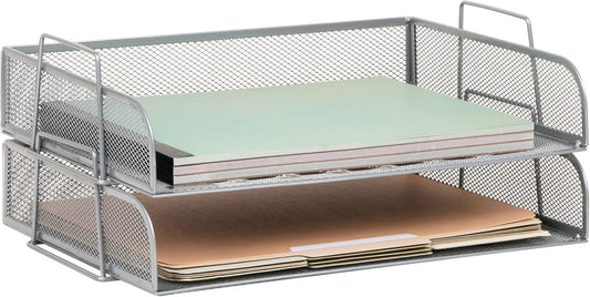 Mind Reader Stackable Paper Tray, Desktop Organizer, File Storage, Office, Metal Mesh, 13.25" L x 9.75" W x 6.25" H, 2 Pcs., Silver