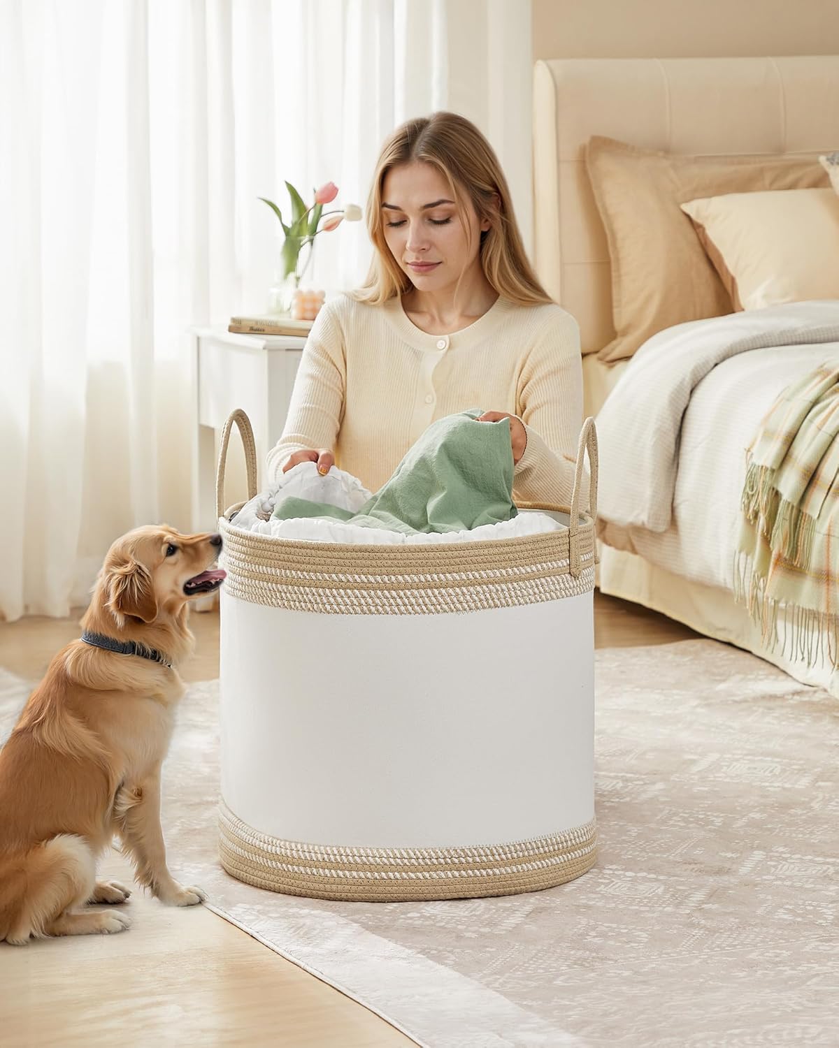 SONGMICS Laundry Hamper 90L, Laundry Basket with Handles, Laundry Bag with Lid, Cotton Rope, Drawstring, for Clothes, Blankets, Living Room, Bedroom, Tan URLH090K01