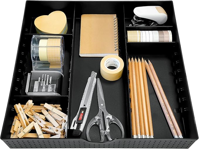 CAXXA 3 Slot Drawer Organizer with 4 Adjustable Dividers - Junk Drawer Storage for Makeup & Vanity, Office Desk Supplies and Accessories (BLACK, 1 PACK)