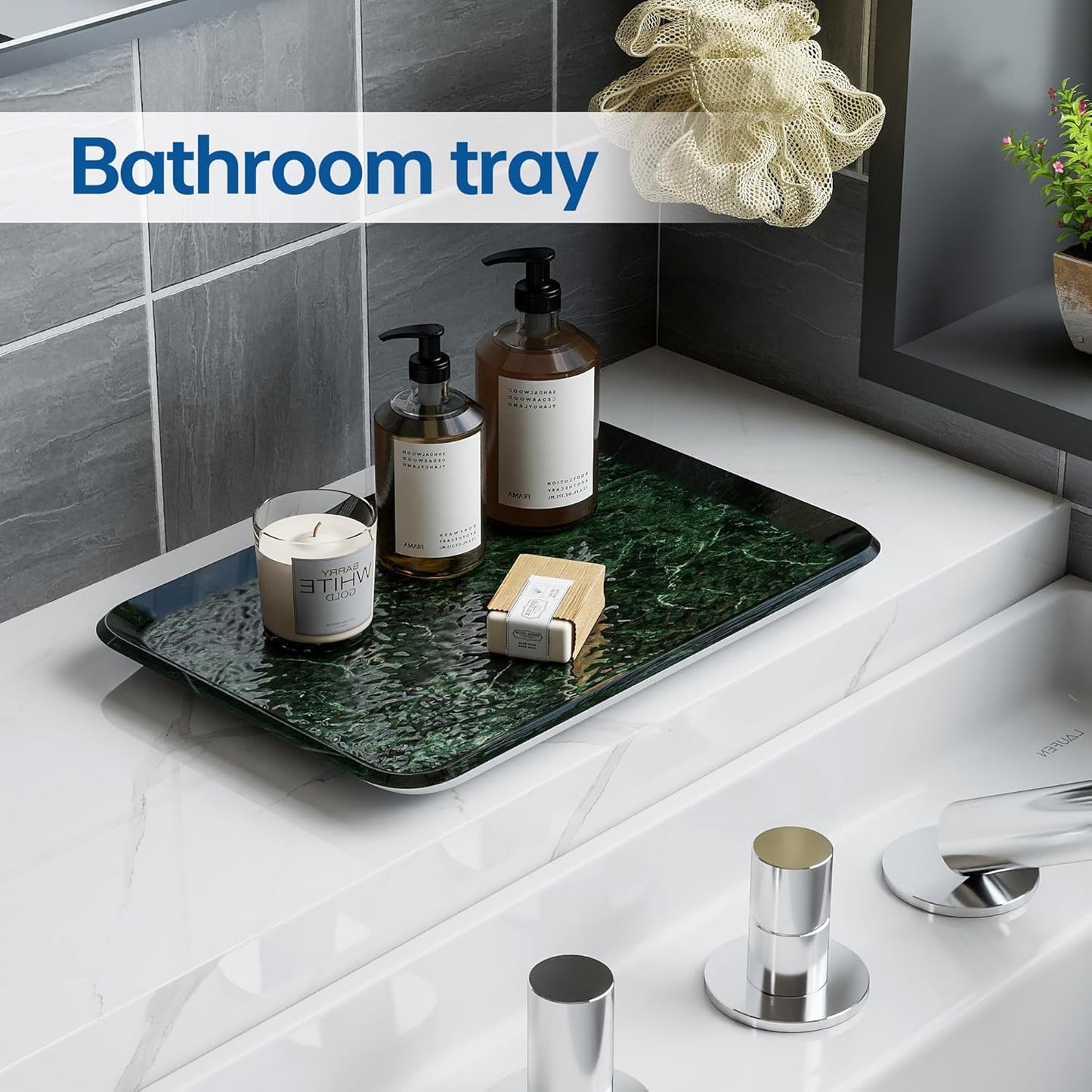 Vanity Decorative Glass Tray,12" x 8" Green Marble Pattern Perfume Tray, Bathroom Tray Countertop Organizer for Soap Towel, Jewelry, Candle