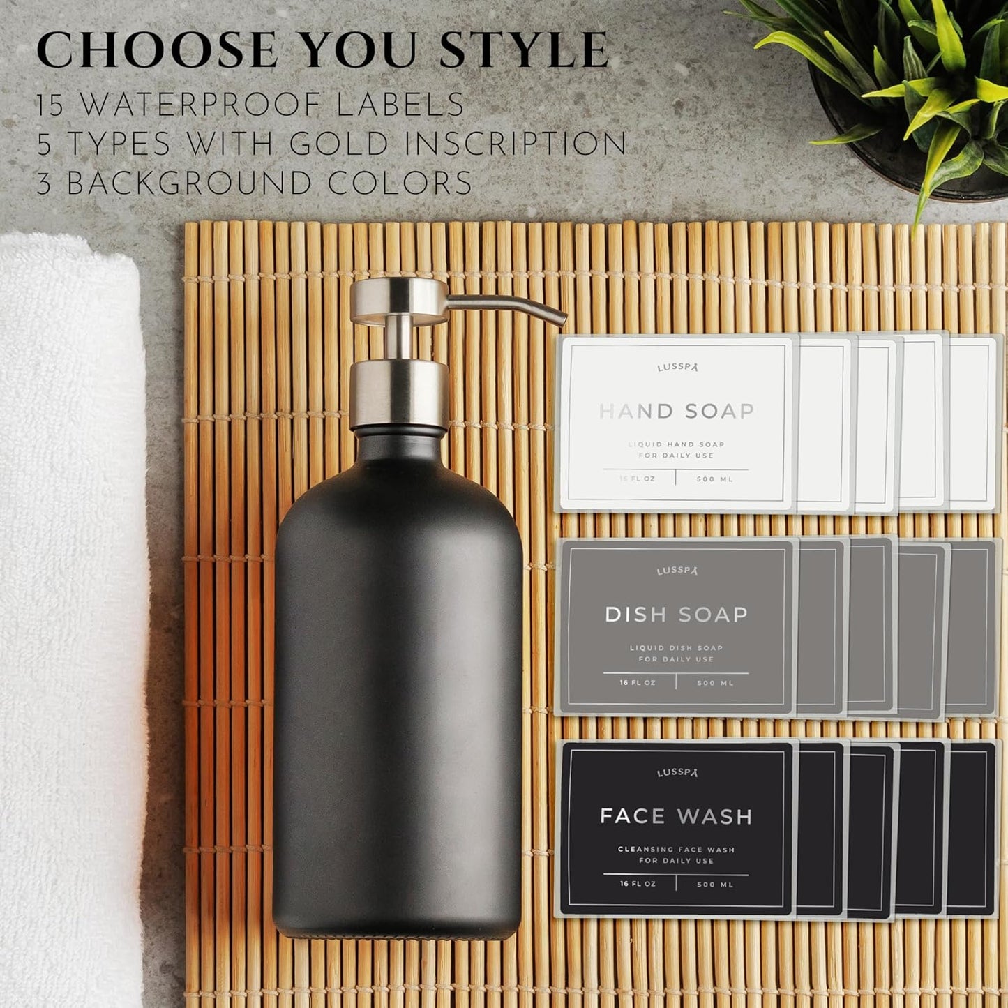 Lotion, Hand & Dish Soap Dispenser for Kitchen Sink - Bathroom Soap Dispenser Set of 2 16.8 Oz Glass Bottles with Stainless Steel Pump, 15 Water Proof Labels & Silicon Tray (Black/Silver)