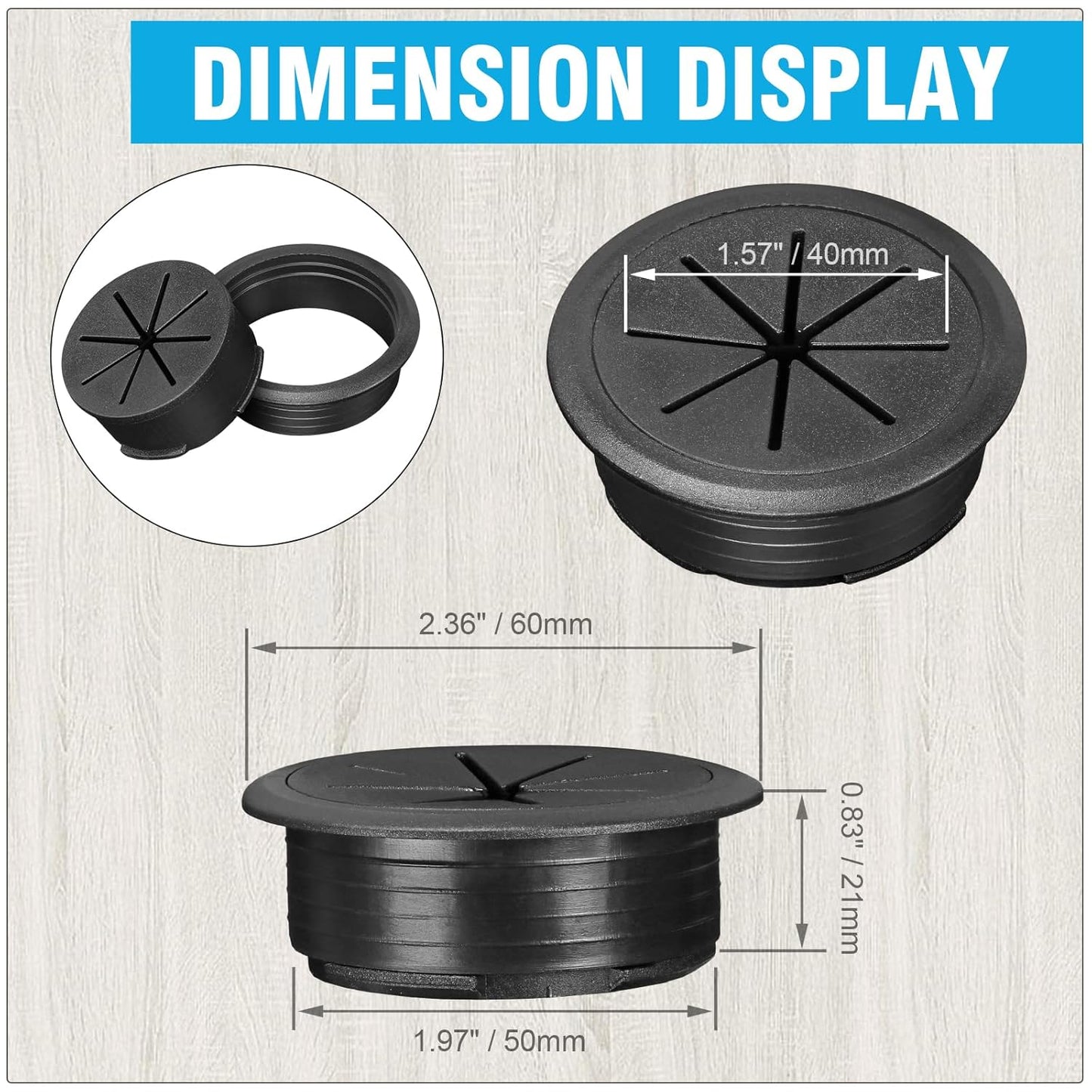 2" Black Desk Grommet, JTemgle Flexible Cable Grommet Plastic Cable Hole Cover Wire Organizer Caps Desktop Cord Management for Home Office TV Stands Tabletops, 5 Pieces