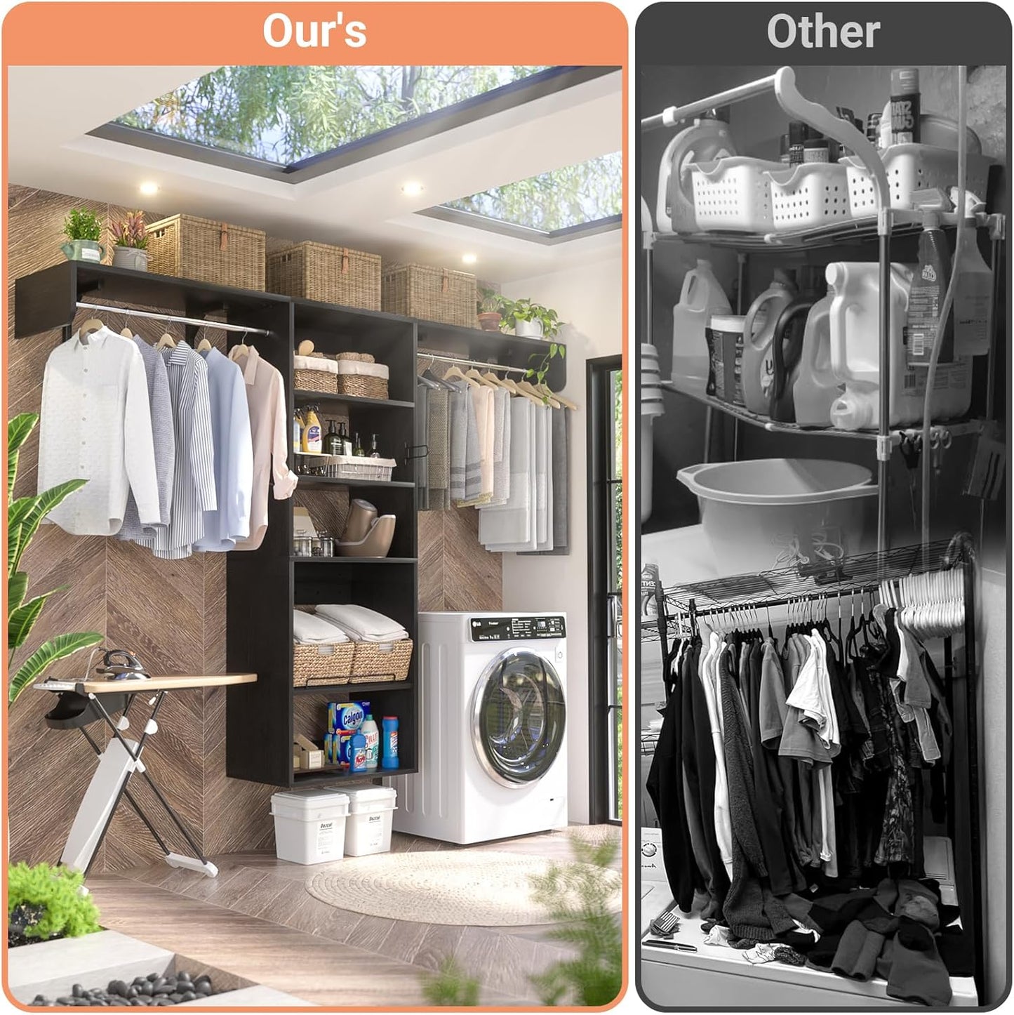 Unikito Over Washer and Dryer Storage Shelf, 8FT Wall Mounted Laundry Room Organizer, Space Saver Clothes Drying Rack with Hanger Rod, 6-Tier Heavy-Duty Closet System with Adjustable Shelves, Black