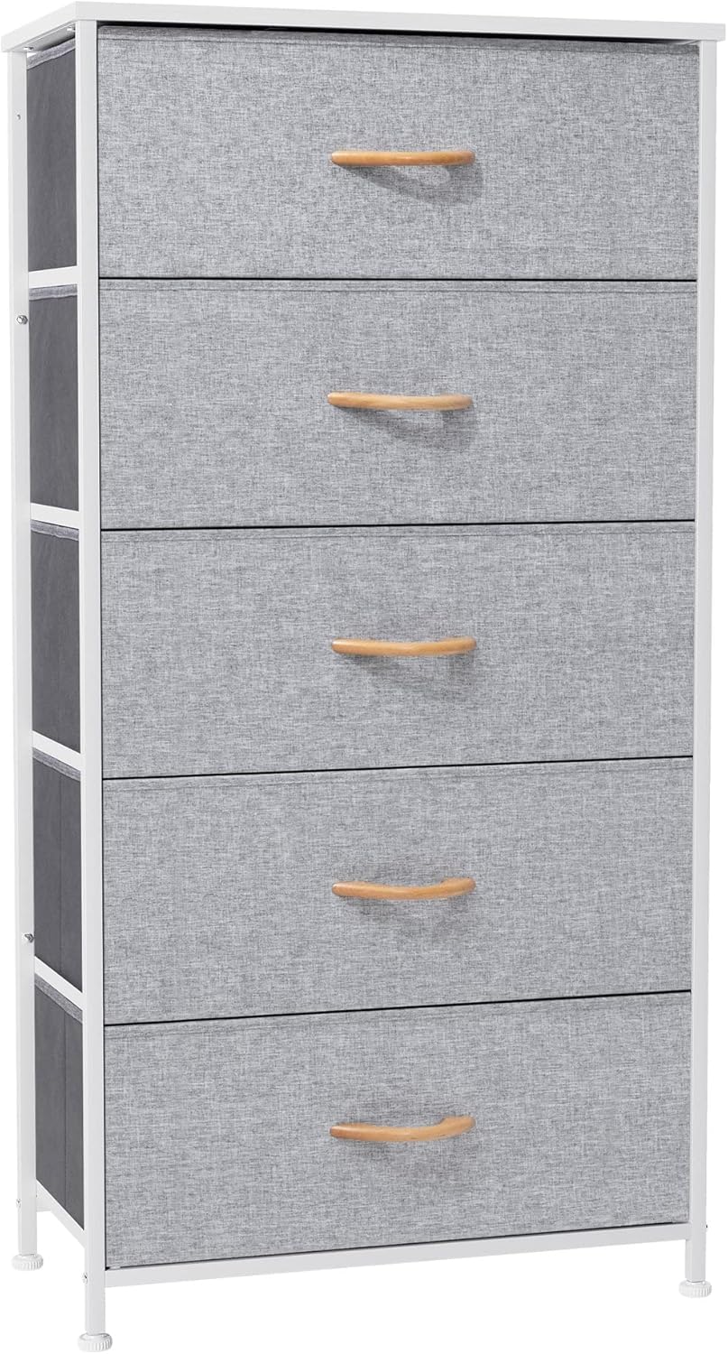 Crestlive Products Vertical Dresser Storage Tower - Sturdy Steel Frame, Wood Top, Easy Pull Fabric Bins - Wide Organizer Unit for Bedroom, Hallway, Entryway, Closets - 5 Drawers(Light Gray)