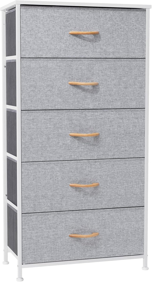 Crestlive Products Vertical Dresser Storage Tower - Sturdy Steel Frame, Wood Top, Easy Pull Fabric Bins - Wide Organizer Unit for Bedroom, Hallway, Entryway, Closets - 5 Drawers(Light Gray)