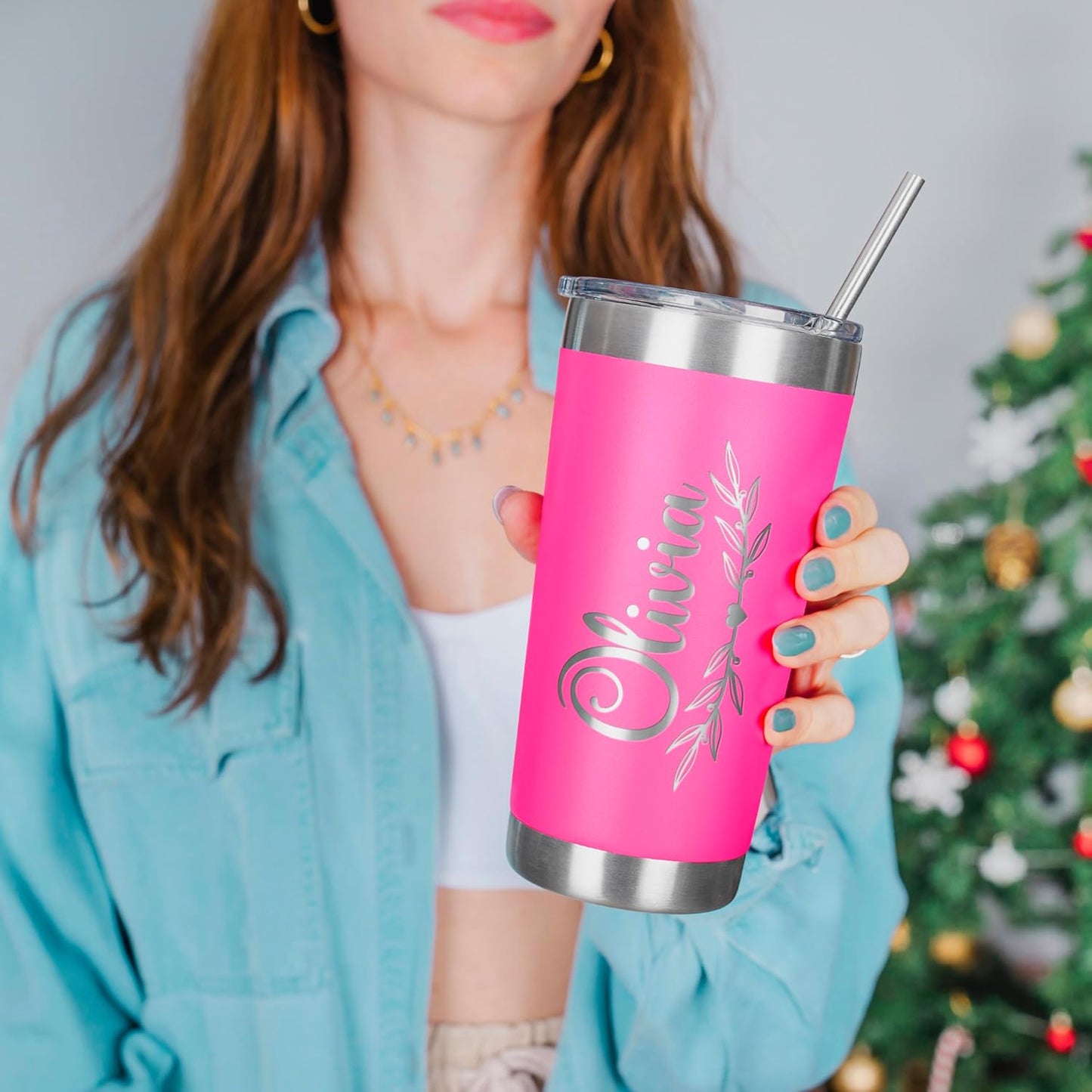 Personalized Tumbler with Engraved Name - 12 Designs, 30 Oz Coffee Tumbler with Slider Lid, Hot Pink, Double Wall Insulated - Gifts for Mom, Custom Gift for Women, Personalized Gift for Her