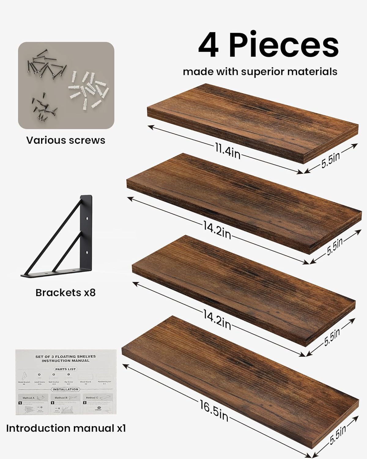 BAYKA Wall Shelves for Bedroom Decor, Floating Shelves for Wall Living Room Kitchen Storage, Mounted Rustic Wood Floating Shelves for Kids Books, Corner Shelf for Bathroom(Rustic Brown，Set of 4)