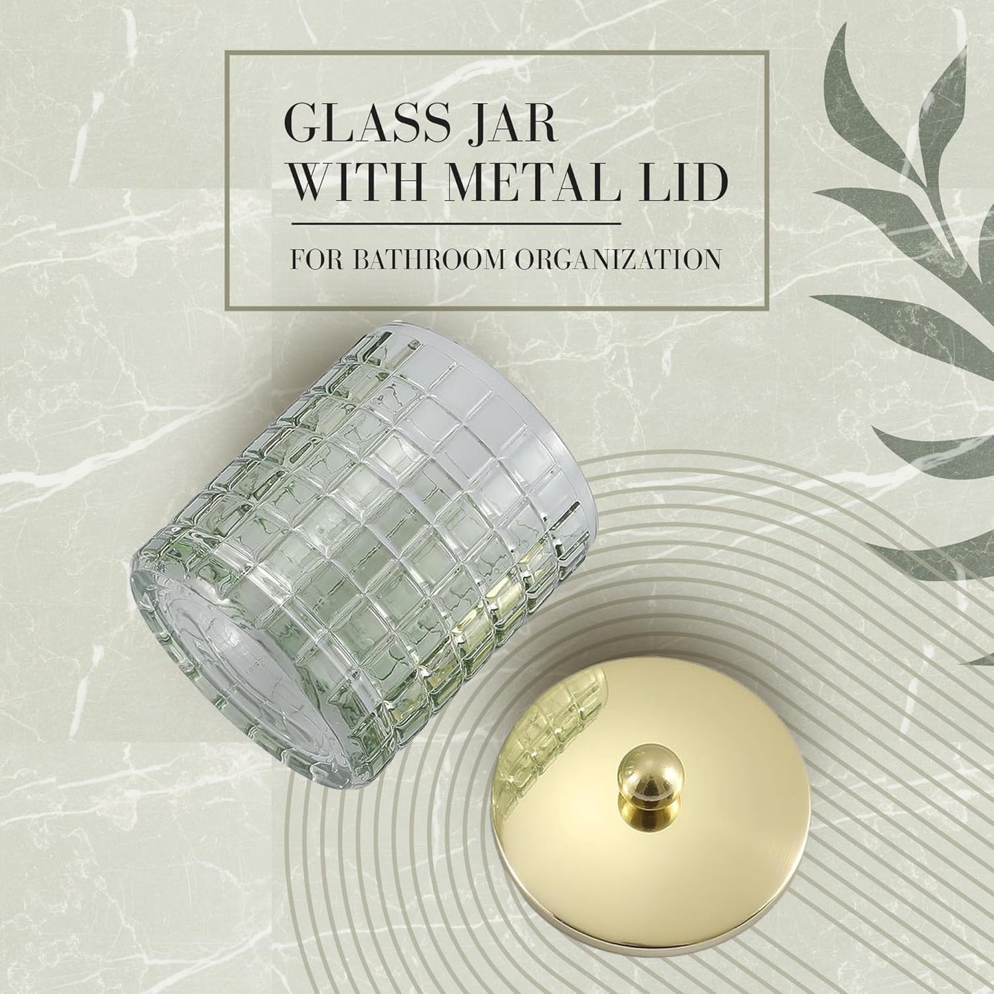 Sage Colored Tranlucent Apothecary Etched Geometric Grid Glass Jar W/Gold Metal Lid Cover for Bathroom Organization, Cotton Balls, Q Tips, and Small Accessories, Bathroom Storage