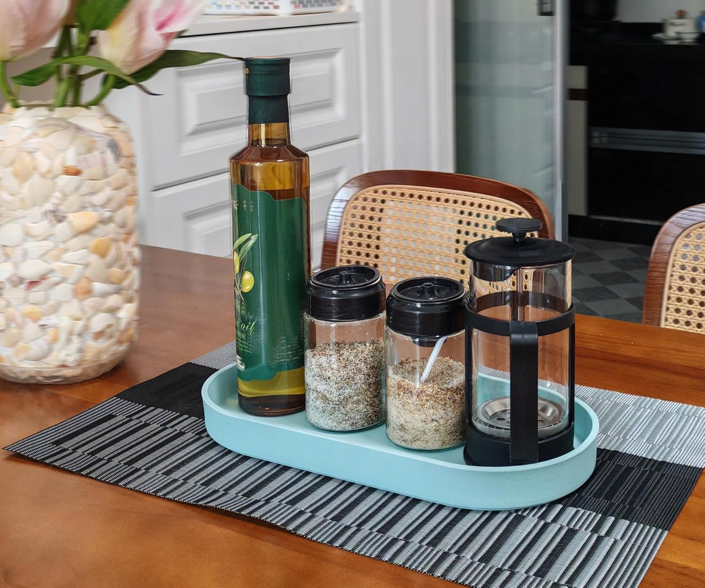 Blue Small Tray (11.8 inch), Oval Tray for Kitchen Counter, Bathtub Bathroom Vanity Items, Countertop Organizer, Coffee Accessory, Bar, Serving Seasoning, Salt and Pepper, Soap, Perfume.