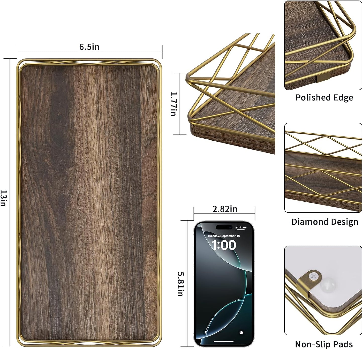 Toilet Paper Basket Holder, 13" Bathroom Tray Countertop, Wood and Metal Toilet Tank Tray Bathroom Vanity Organizer for Toiletry, Kitchen Sink Organizer for Soap Dispenser (Brown+Gold)