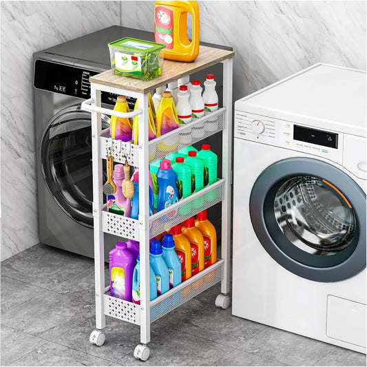 Utility Slim Storage Cart, 4 Tier Small Rolling Kitchen Laundry Room Cart with Wood Top, Metal Bathroom Storage Cabinet Mobile Shelf Unit Organizer Trolley with Handle for Narrow Space