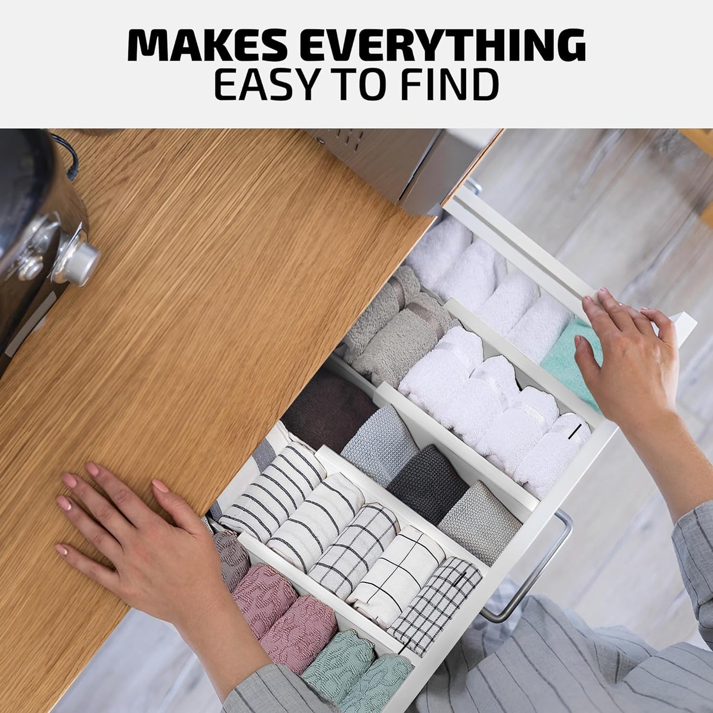 4-Pack Bamboo Drawer Dividers - 2.6" High, 12.5"-17" Adjustable Drawer Organizers for Clothes, Expandable Dresser Separators in Bedroom/Bathroom/Kitchen/Office Organization and Storage (White)