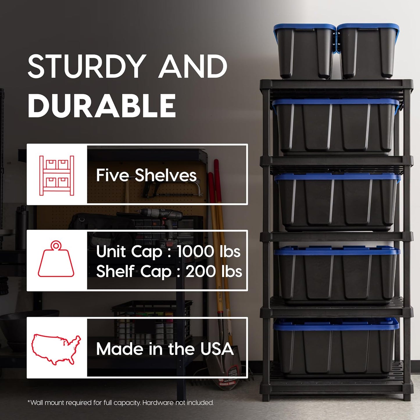 IRIS USA 5-Shelf Extra Heavy Duty Deep Plastic Storage Shelves, 1000lb Capacity, 75" H x 36" W x 24" D, Large Modular Shelving Unit Storage Organizer for Garage, Home, Warehouse & Gym, Rack - Black