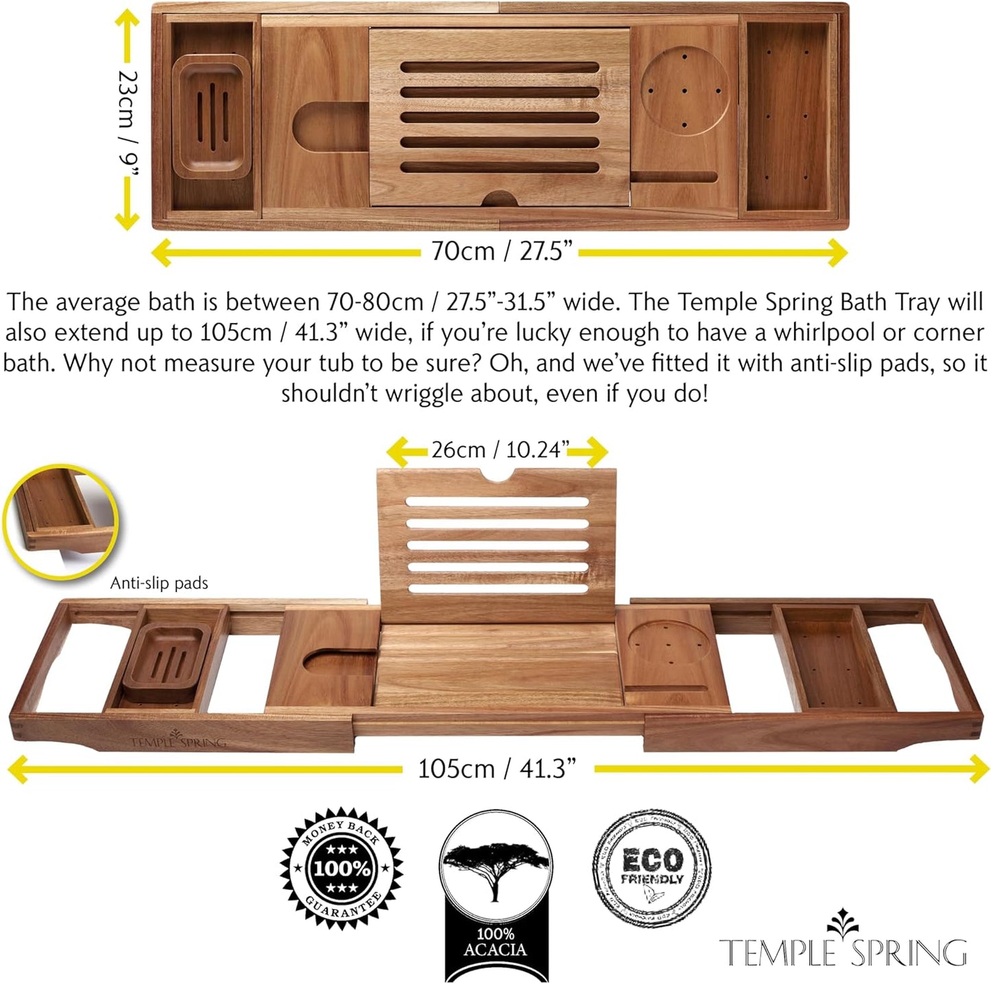 Temple Spring Wooden Bathtub Tray, Acacia Bathroom Accessories, Bath Tray for Tub, at Home Spa Essentials, Board for Tub Table, Bath Caddy for Bathtub Accessories & Bathroom Essentials - Not Teak