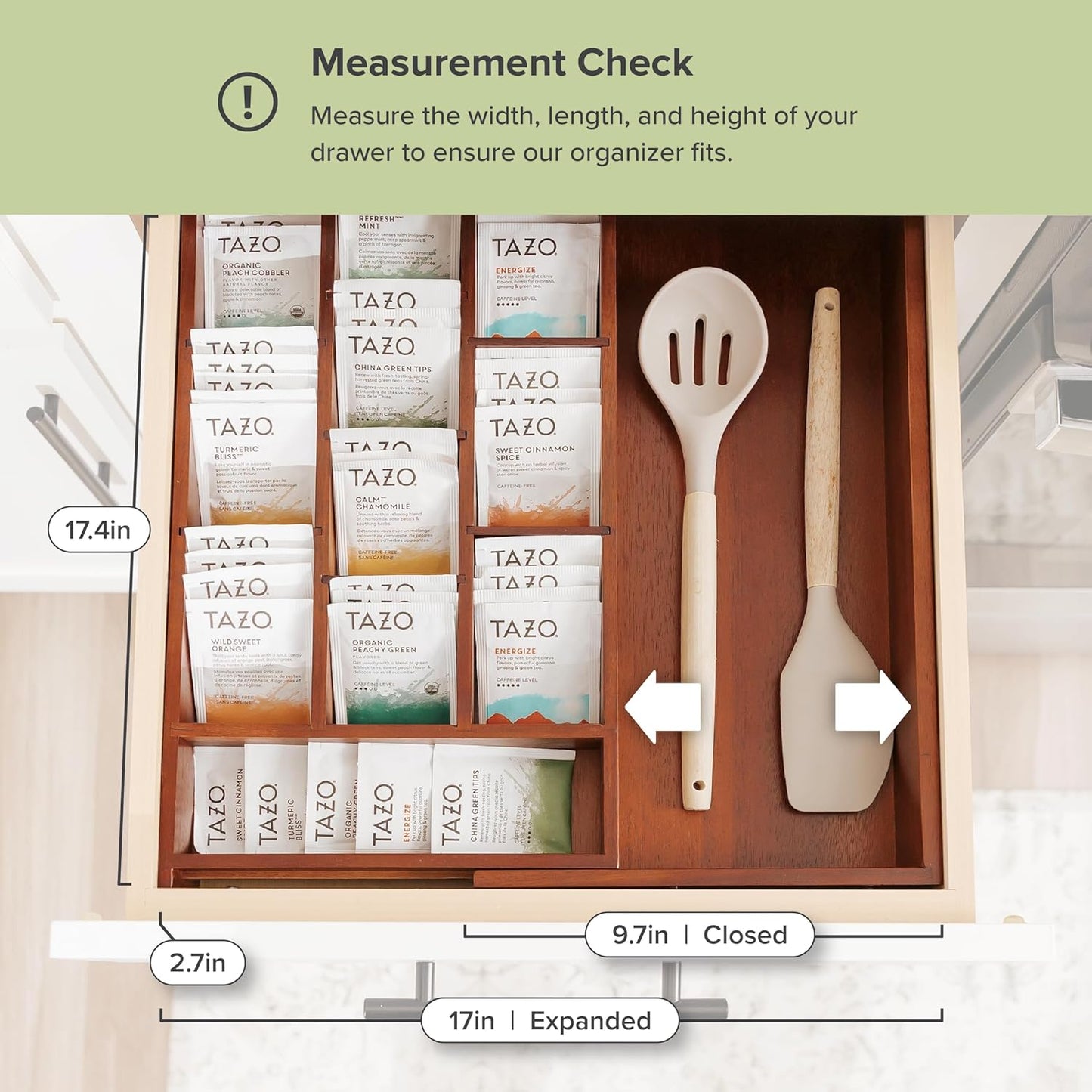 KitchenEdge Acacia Tea Bag and Coffee Pod Kitchen Drawer Organizer, Expandable 9.7 to 17 Inches, 10 Storage Compartments, Adjustable Wall Inserts, Non-Slip Feet, Food-Safe