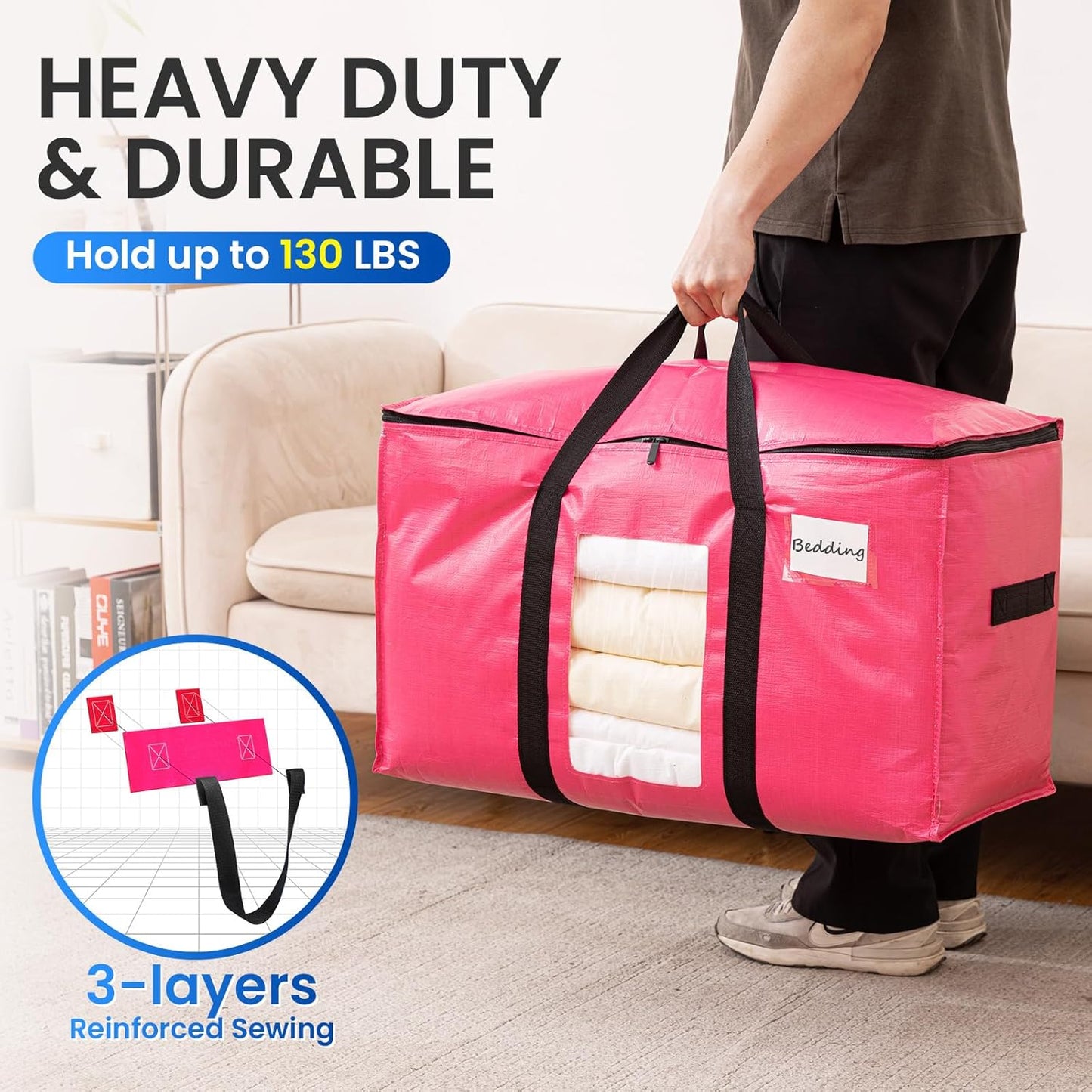 TAILI 12 Pack Pink Extra Large Moving Bags, Heavy Duty Totes with Visible Window, Wrap Around Handles, Space-Saving Storage Solution, Alternative to Moving Boxes