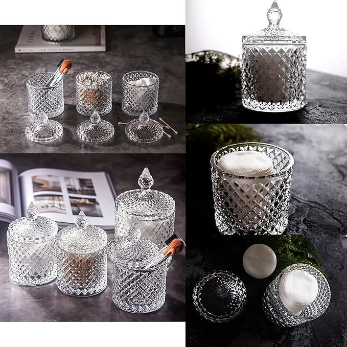 2 Pack Qtip Holder Thick Glass Apothecary Jars with Lid for Bathroom Decor Storage Organizer for Cotton Swabs, Balls, Pads, Floss Picks, Candy, Jewelry, Clear