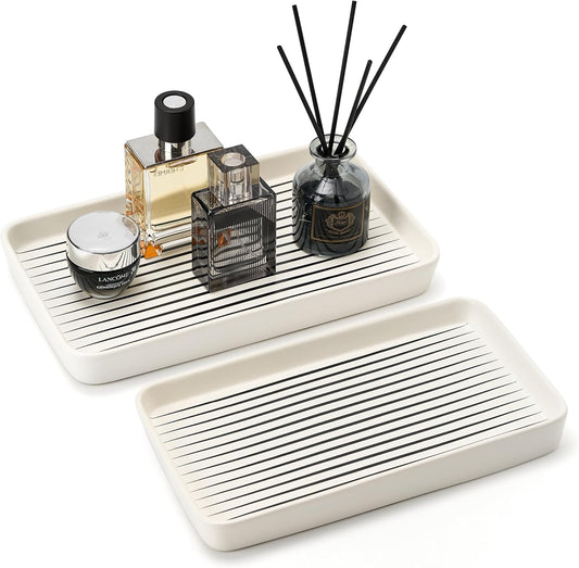 Bathroom Vanity Tray for Countertop,2PC Rectangle Striped Tray,Decorative Bathroom Organizer for Scrubber, Lotion Bottles, Perfume, Jewelry, Candle, Key Trinket Ring(Large,White)