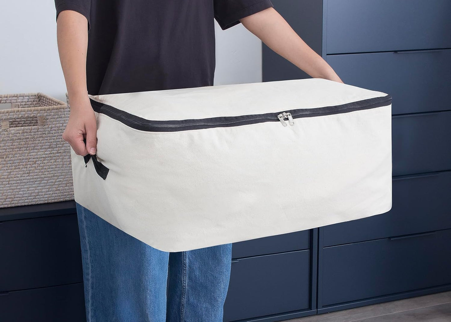 Comforter Storage Bags with Zipper - Sturdy 100% Cotton Canvas Quilt Storage Bags with Zipper - Extra Large with Handles to Conveniently Store Pillows, Blankets, Sheets, and Bedding (3 Bags)