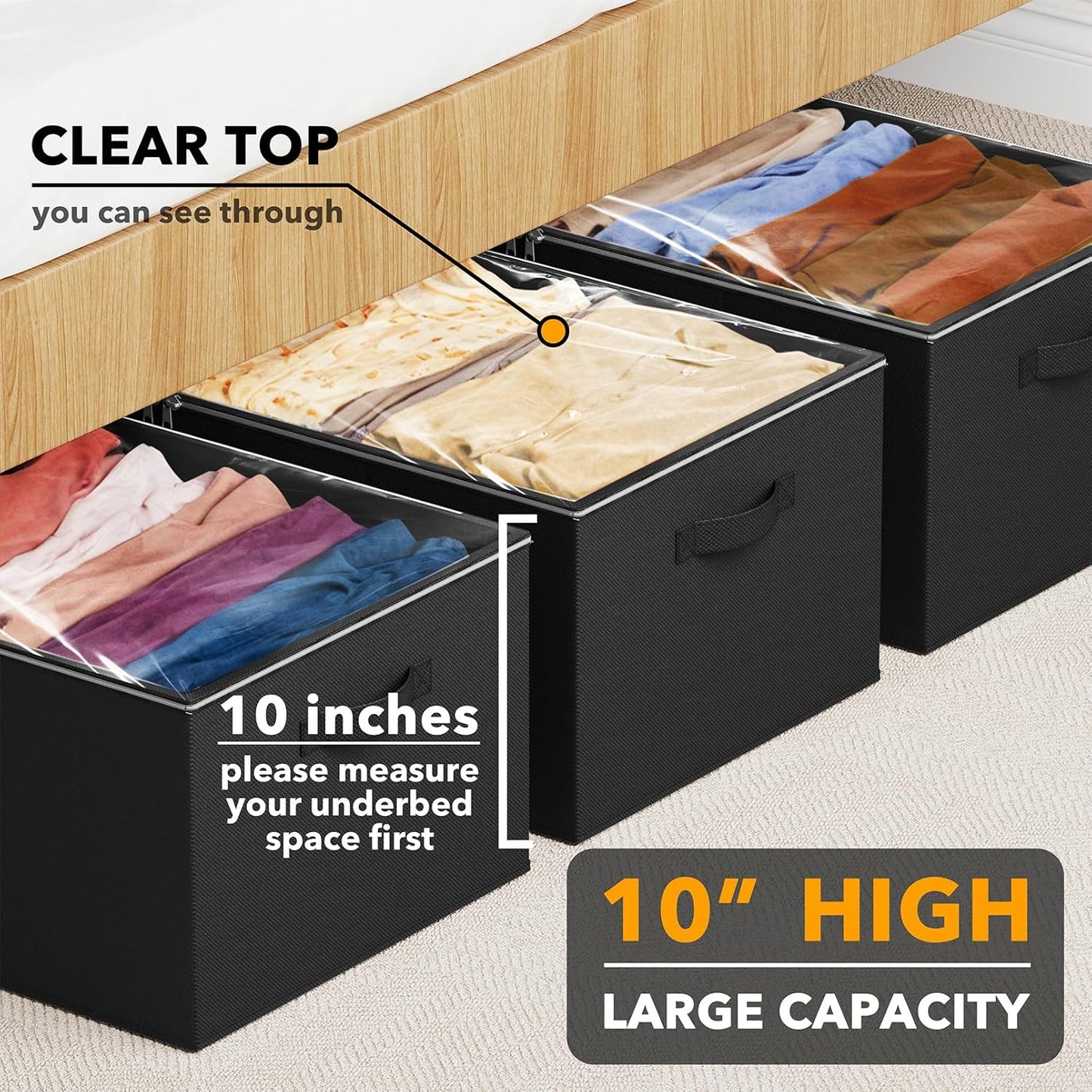 SpaceAid 3 Pack 10" High Under Bed Storage Containers, Large Underbed Storage Organizer Bins with Lids for Bedroom, Dorm, Clothes, Closet Organization, Bed Sheets and Blankets (Black)
