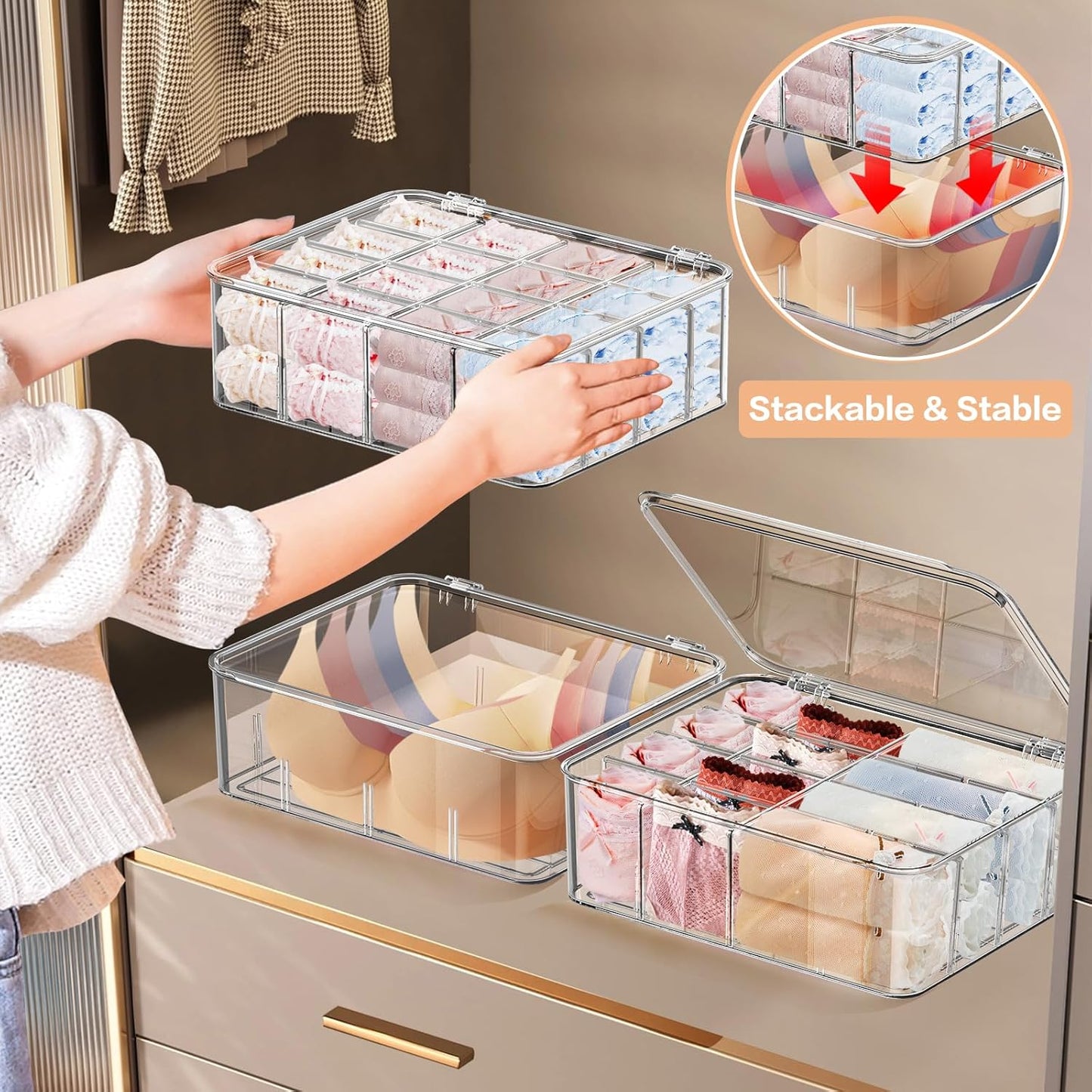 Sock Underwear Organizer, 16 Compartment Adjustable Dividers Bras Socks Underwear Drawer Organizers for Closet, Clear Plastic Storage Containers Box with Lids for Ties Bra Scarf Socks