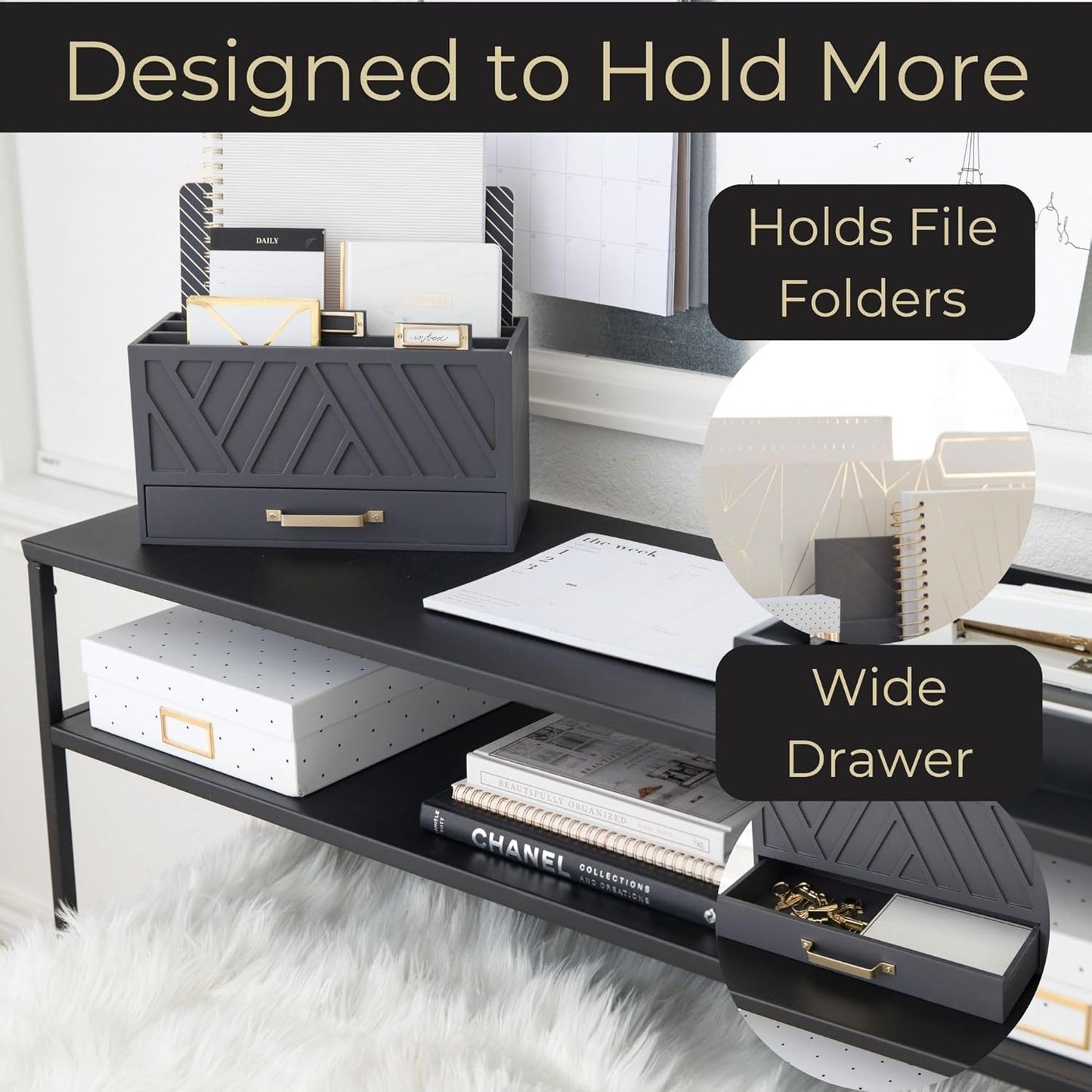 BLU MONACO Grey Desktop Mail Organizer – Three-Tiered with Gold Label Holders and Drawer – Stylish Mail Holder and Countertop Document Storage for Home or Office