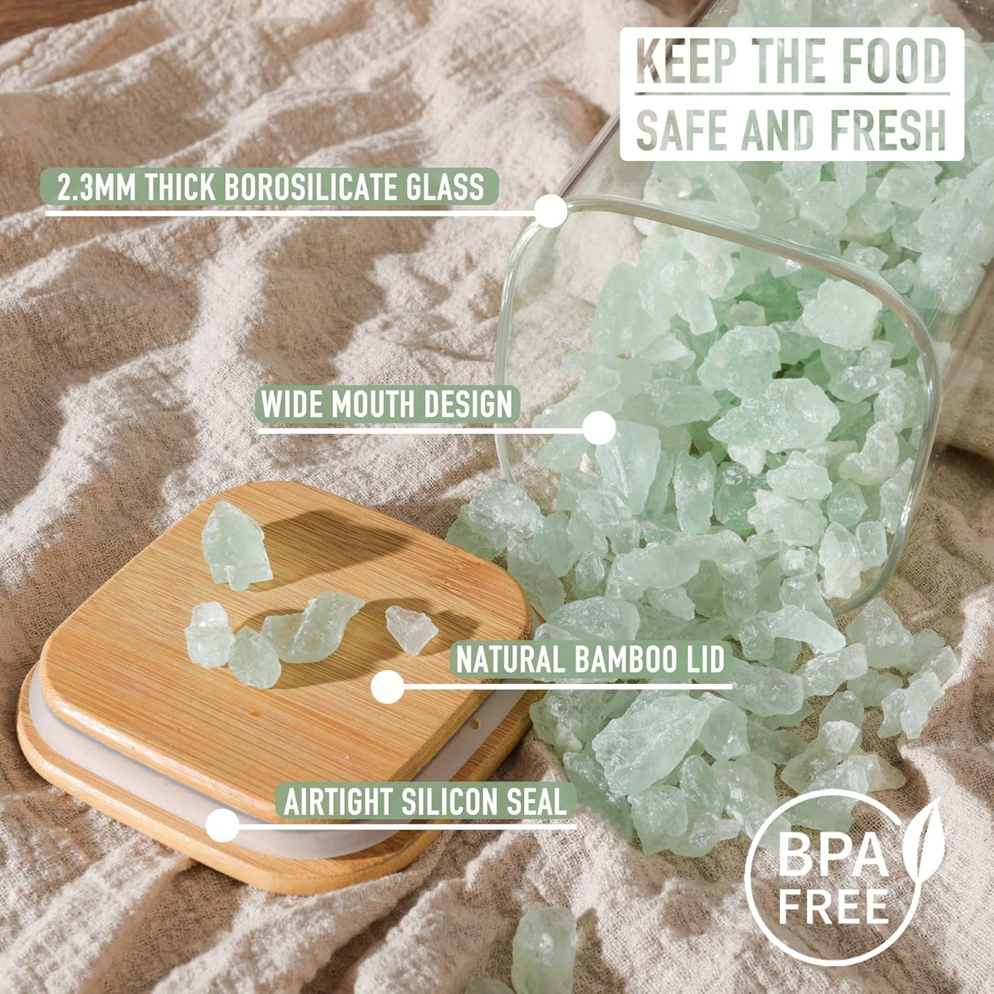 37oz Airtight Glass Square Storage Canisters with Bamboo Lid Set of 6 (1100ml) Stackable Containers, Kitchen Jars for Pantry Noodles, Flour and Coffee beans (‎with Black Lable)