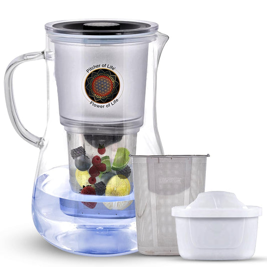 Borosilicate Glass Alkaline Water Pitcher of Life with Stainless Steel Fruit Infuser Glass Water Filter Pitcher with Lid Clearly Filtered Water Pitcher Increases pH NSF/ANSI 42 & 61 Certified Filters