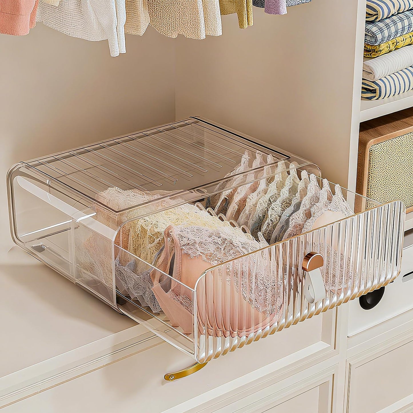 Neprock Underwear Drawer Organizer - Stackable Bra Organizer for Closet, 1 Cell Clear Acrylic Bra Storage Box, Closet Organizers and Storage for Lingerie, Undergarment, Baby Clothes, Scarf