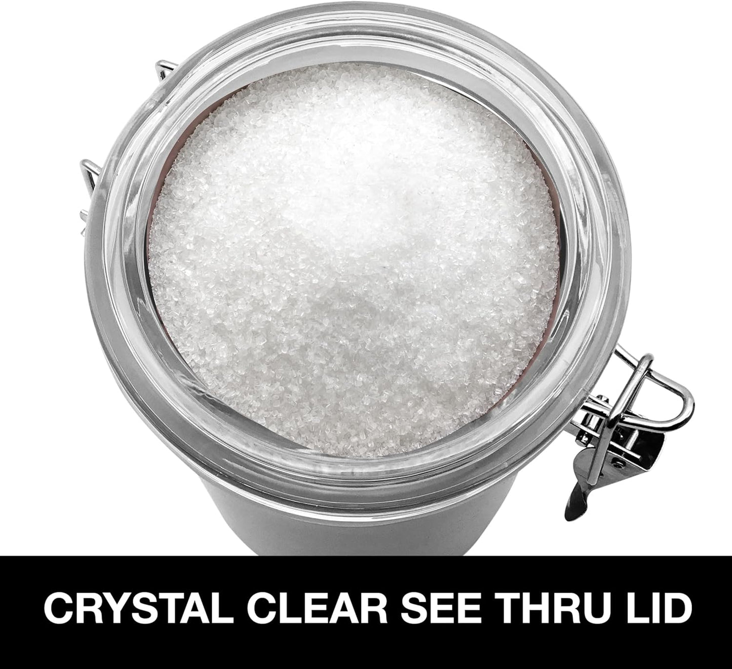 Oggi Stainless Steel Sugar Canister 62 fl oz - Airtight Clamp Lid, Clear See-Thru Top - Ideal Sugar Container for Countertop, Sugar Jar, Bulk Sugar Storage. Large Size 5" x 7.5".