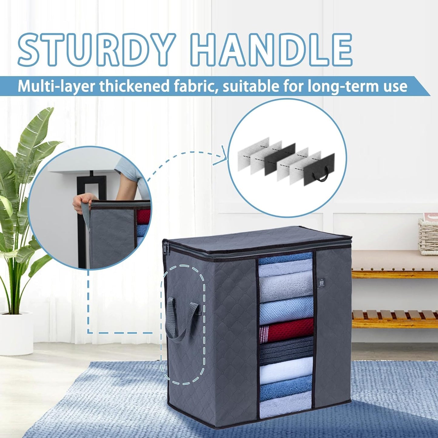 VENO 3 Pack Clothes Storage Bag Organizer with Reinforced Handle Thick Fabric for Comforters, Blankets, Bedding, Foldable with Sturdy Zipper, Clear Window, Reusable (Tall 16.3 Gallon)