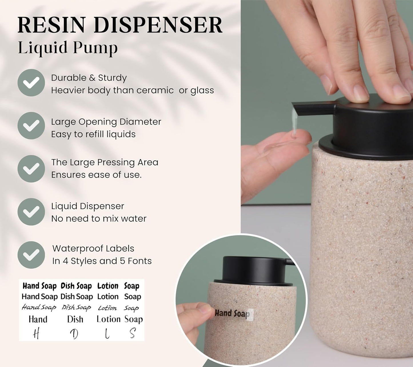 Resin Hand Soap Dispenser Easy-to-Press Liquid Pump, Refillable Soap Dispenser with Sandstone Like Finish, Waterproof Bottle Labels for Bathroom Kitchen Dish Lotion (Beige,10 oz)