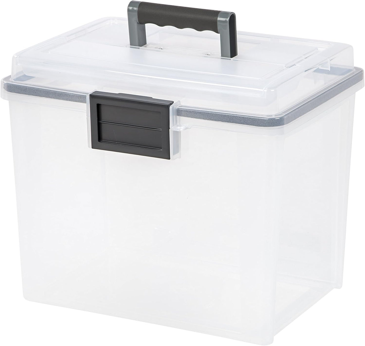IRIS USA File Box WeatherPro Portable File Organizer Plastic File Box for Letter File w/Organizer-Lid, Durable Lid and Gasket Seal, Secure Latching Buckles, Stackable, Lockable, Clear 19 Qt. 4 Pack