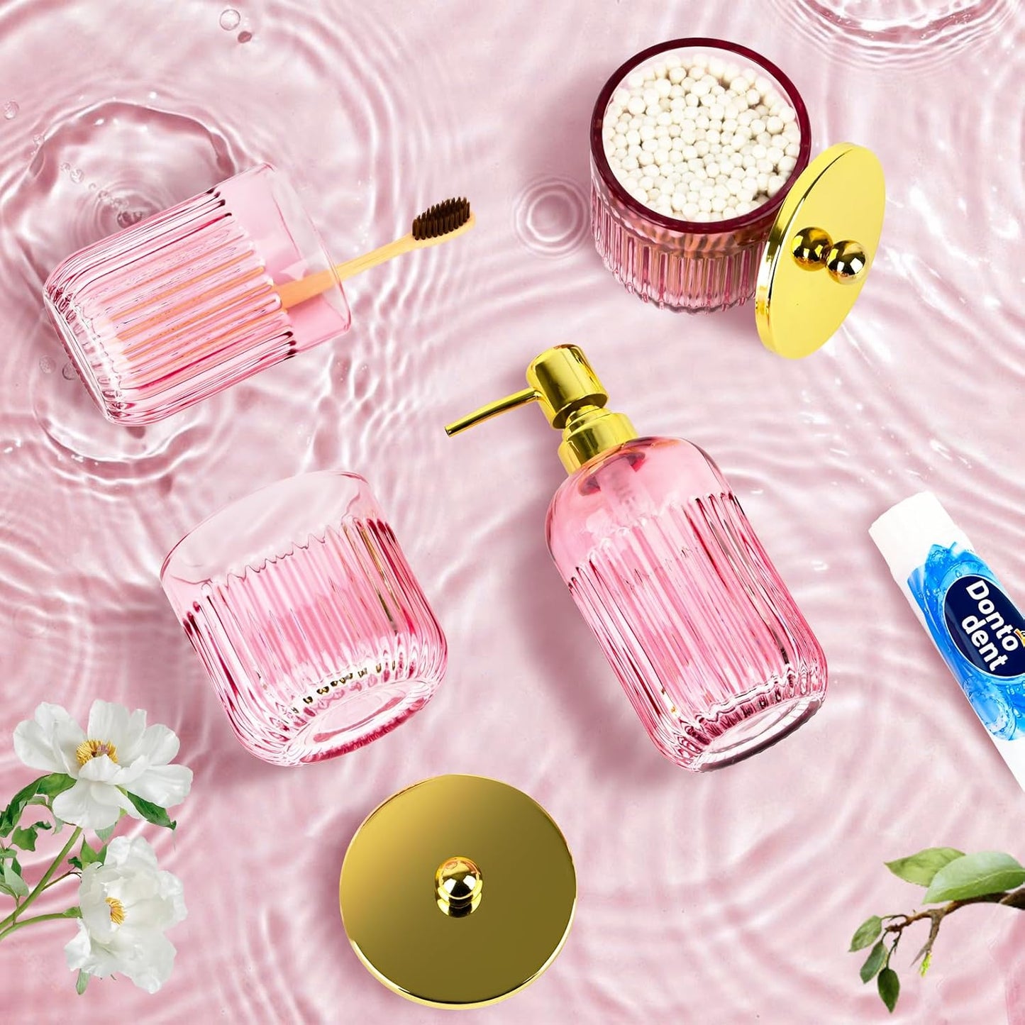 Bathroom Accessories Set,4 Pcs Pink Glass Bathroom Accessories Set with Toothbrush Holder,Lotion Soap Dispenser,2 Qtip Holder Dispensers - Countertop Organizer for Modern Bathroom Decor - Pink