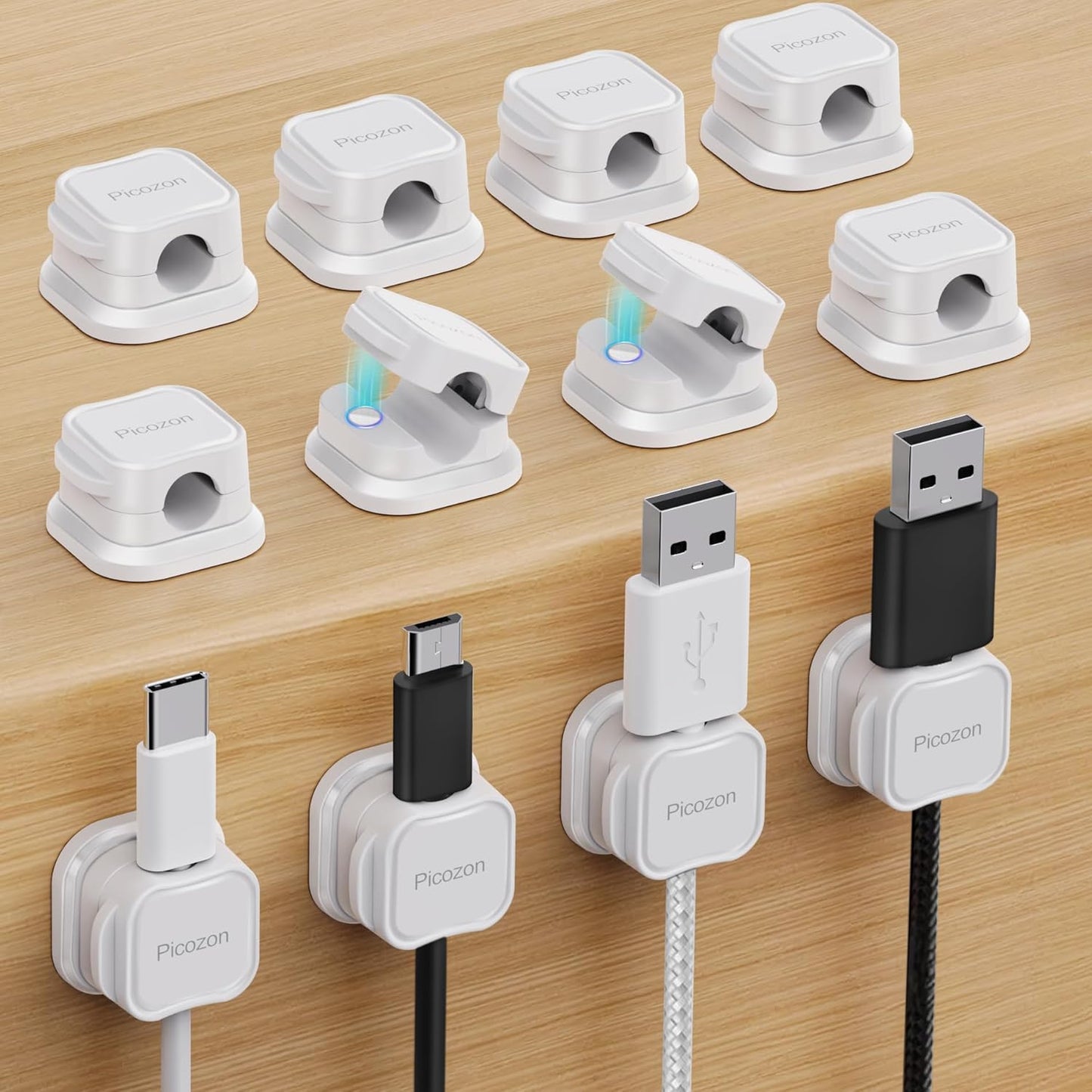 12 Pack Magnetic Cable Clip Organizer Cord Holder, Picozon Adhesive Cable Management, Wire Phone USB Charger Cable Holder, Keeper Organizer for Office Home Desktop Table - White