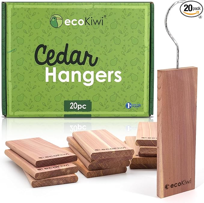 ecoKiwi Cedar Blocks for Clothes Storage - 20 Pack Hang Ups - 100% Natural Aromatic Cedar Planks for Closets and Drawers - Cedar Wood Hangers Balls Chips with Sandpaper - Cedarwood Scented Freshener