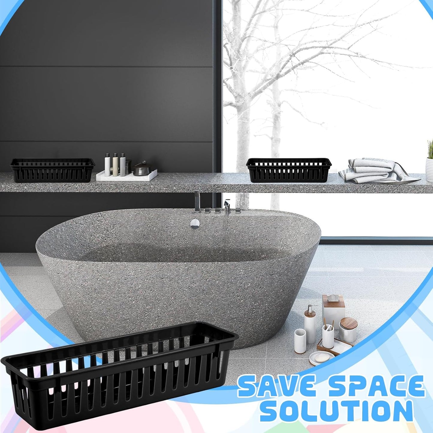 6 Pcs Black Slim Plastic Storage Baskets Tray 10 x 3 x 2.5 Inch Compact Stackable Desk Organizer for Office, Classroom, School Supplies, and Home Storage, Organization(Black)