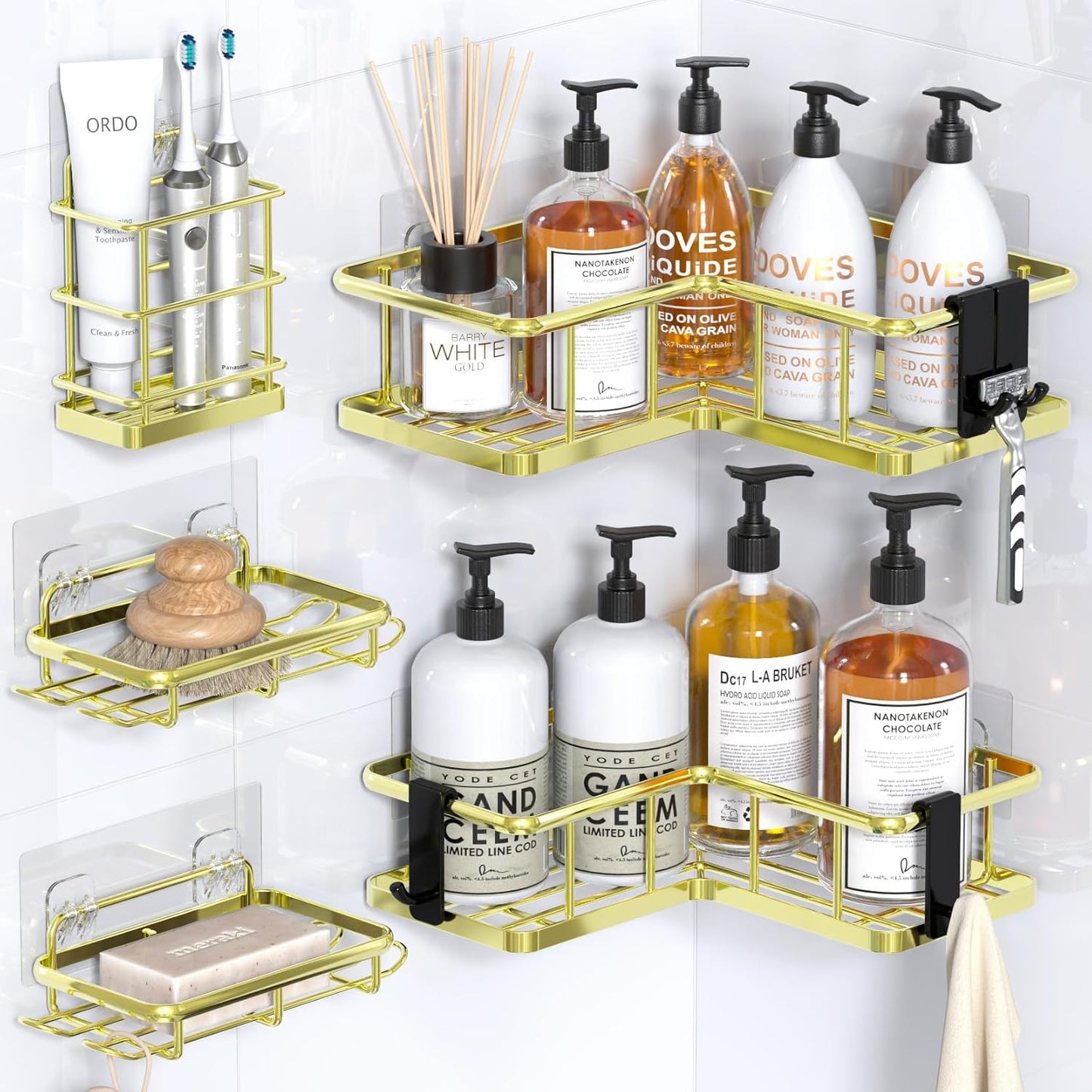 YASONIC Corner Shower Caddy Organizer, 5-Pack Self-Adhesive Rustproof Bath Shelves with Soap Holder & 4 Hooks, Large Capacity Shower Storage Rack for Bathroom Organization, Gold