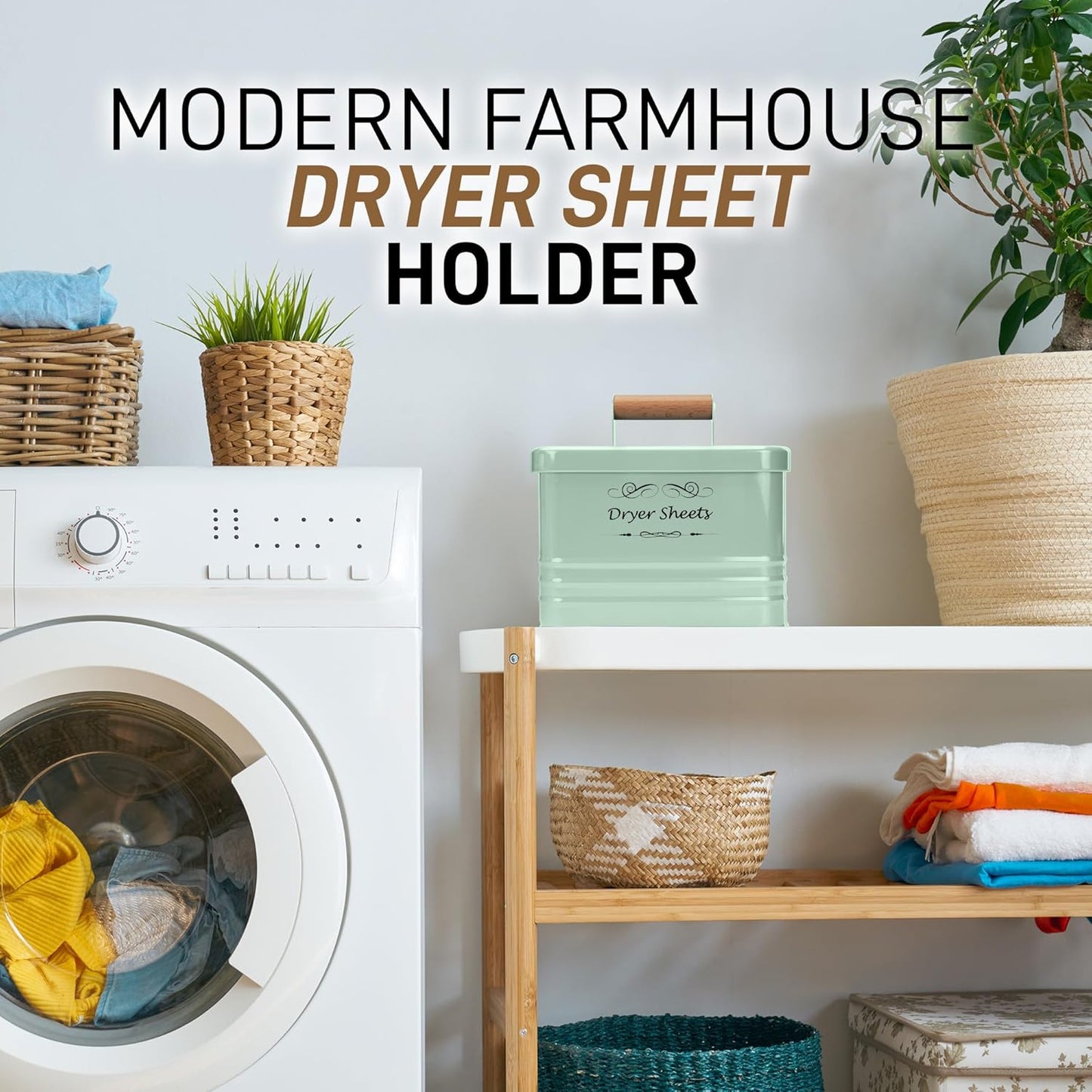 ELITAPRO Dryer Sheets Holder for Laundry Room - Farmhouse Dryer Sheet Box with Lid - Laundry Room Decor & Accessories - Metal Dryer Sheet Container for Laundry Room Organization & Storage (Mint)