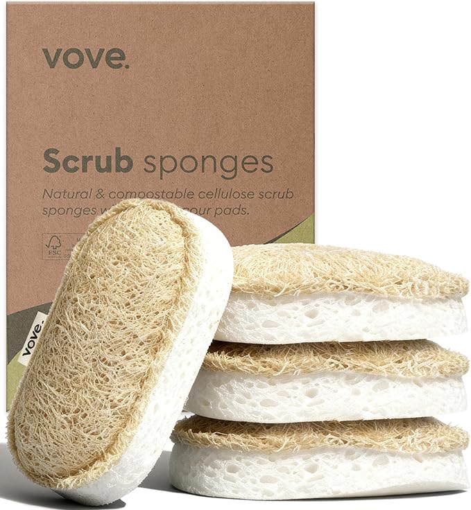Vove Scrub Sponges 4 Pack, Cellulose & Cotton with Natural Loofah, Eco-Friendly Loofah Dish & Kitchen Sponges, Bathroom Scrubbing Pads, FSC-Certified Packaging