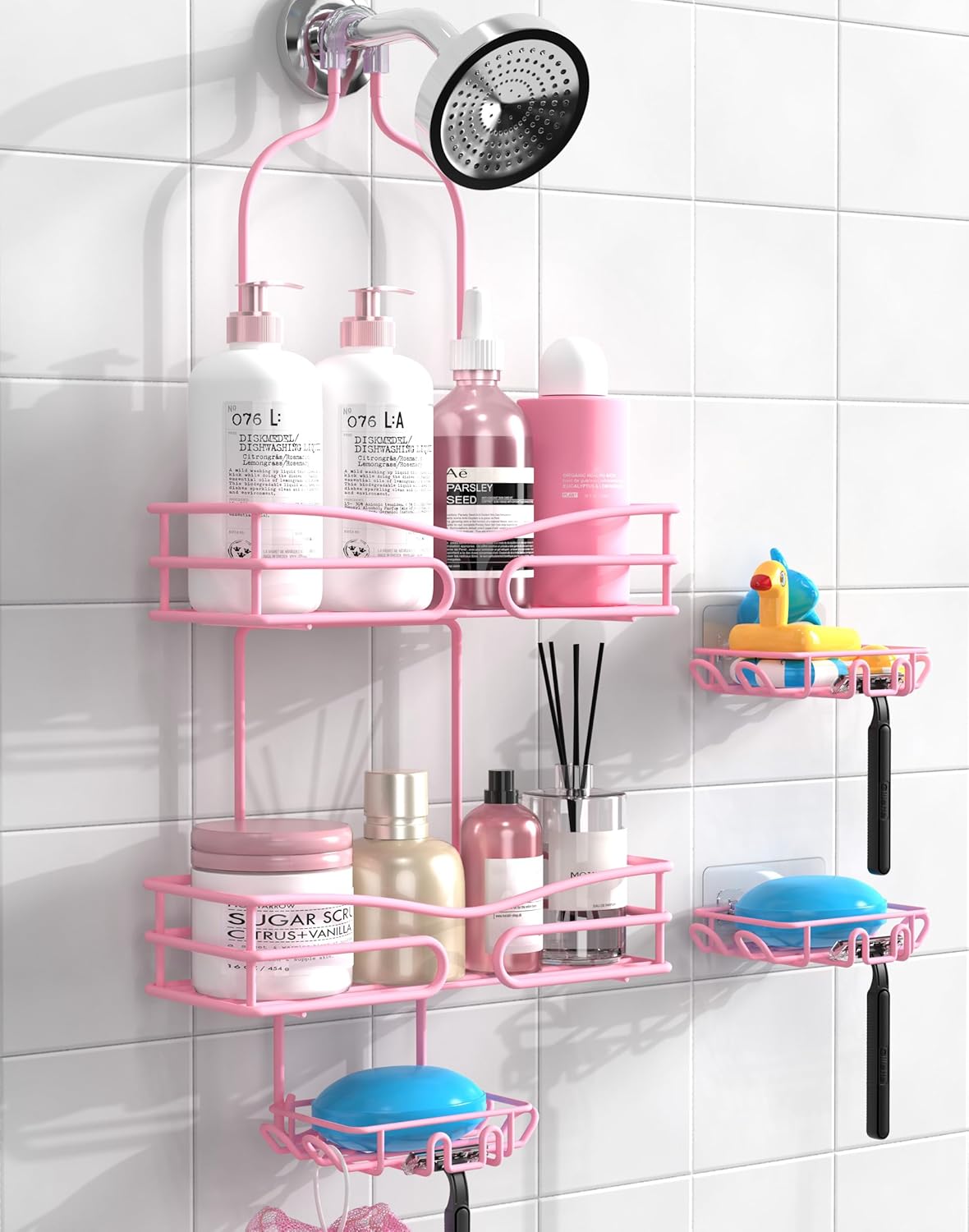 Over the Shower Head Caddy Pink - Shower Caddy Hanging with 3 Soap Holders, Stainless Steel Bathroom Organizer and Storage, Rustproof