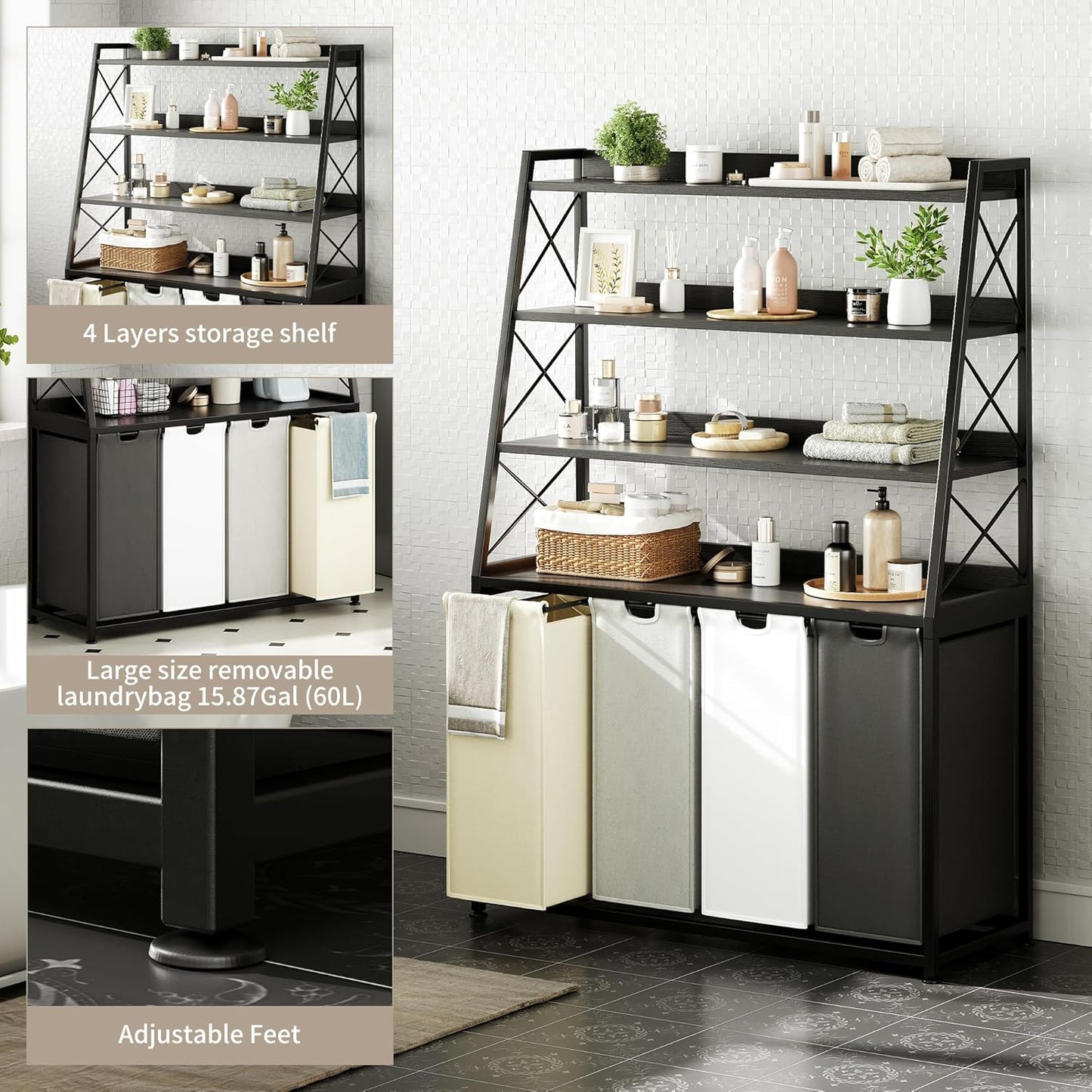 Laundry Basket, 4 Section Laundry Hamper with 4 Tiers Shelf, Pull-Out and Removable Laundry Bags, Large 4 x 15.87 Gallons, for Laundry Room Bathroom Black PF12XLK