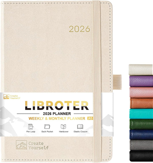 2026 Planner - Planner 2026, 2026 Weekly Monthly Planner, Jan.2026 - Dec.2026, 5.7'' x 8.4'', Thick Paper, Leather Cover, Pen Holder, Back Pocket, Bookmarks, Perfect Daily Organizer - Off-white