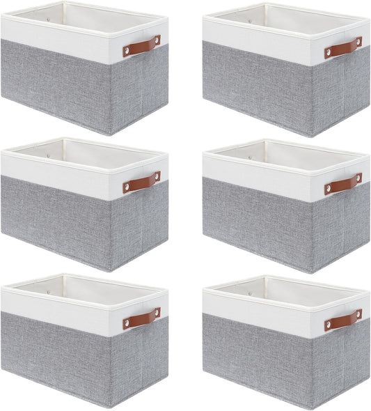 SNWDN 6 Pack Fabric Storage Baskets for Organizing Collapsible Fabric Storage Bins with Handles for Home and Office Organizing (White/Grey 15''Lx10.2''Wx9''H)