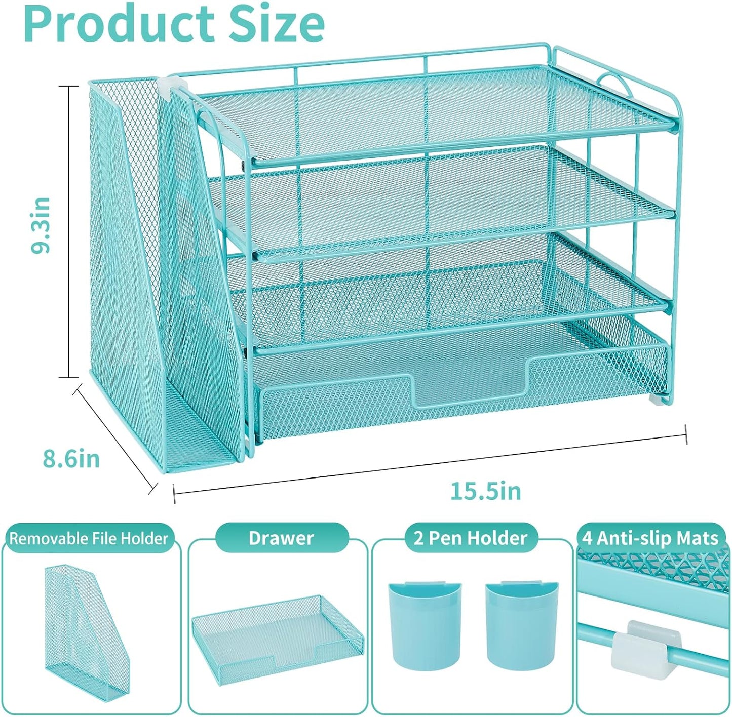 Desk Organizer and Accessories, 4-Tier Desktop File Organizer with Drawer and 2 Pen Holders, Office Desk Accessories, File Sorters, Workspace Organizers for Office Supplies(Teal Blue)