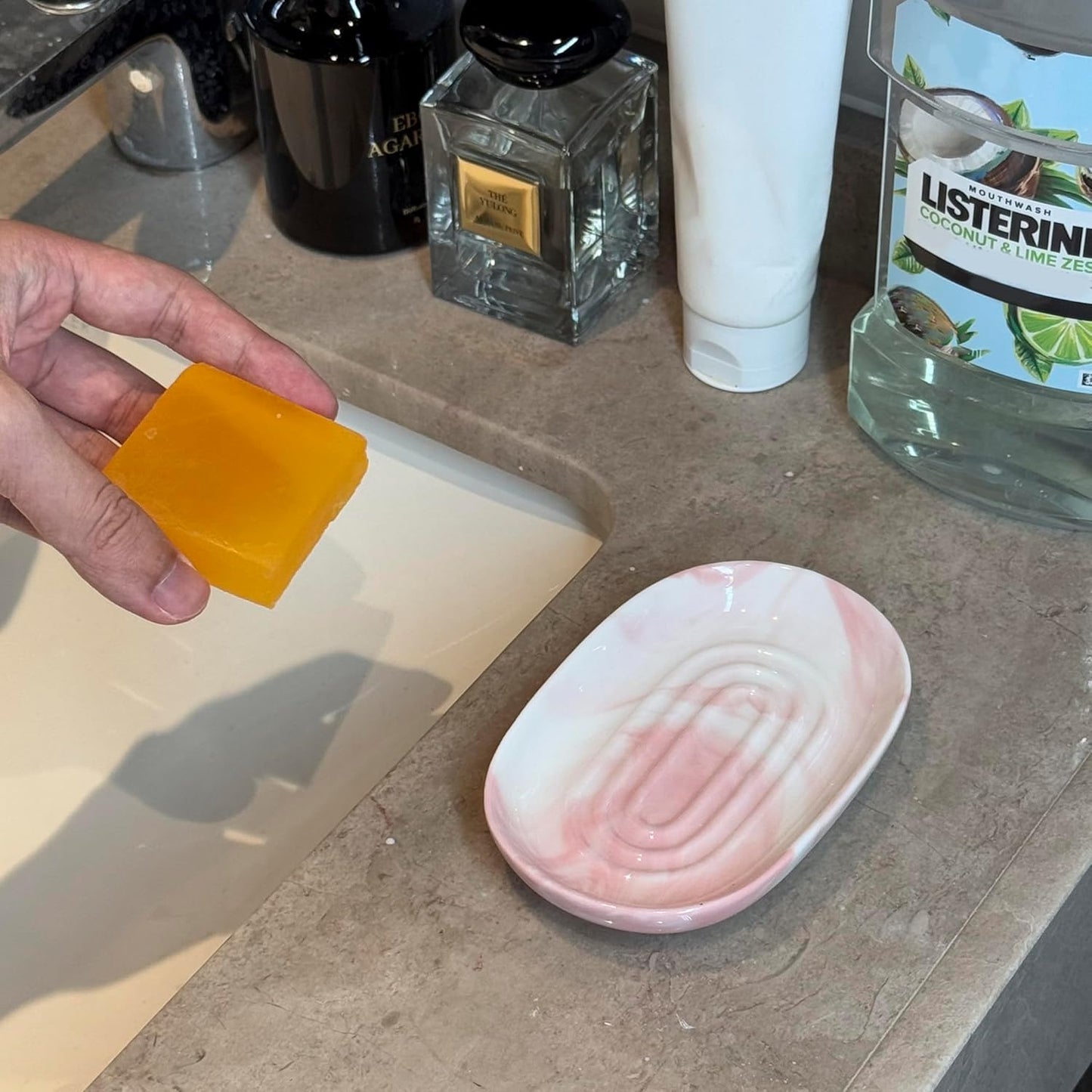 Soap Dish, Ceramic Soap Dish with Marble PatternShower, Soap Saver Tray for Bathroom, Kitchen Sink & Vanity, Multi-Use Holder for Jewelry, Rings, Keys (1 Pack, Pink-White)