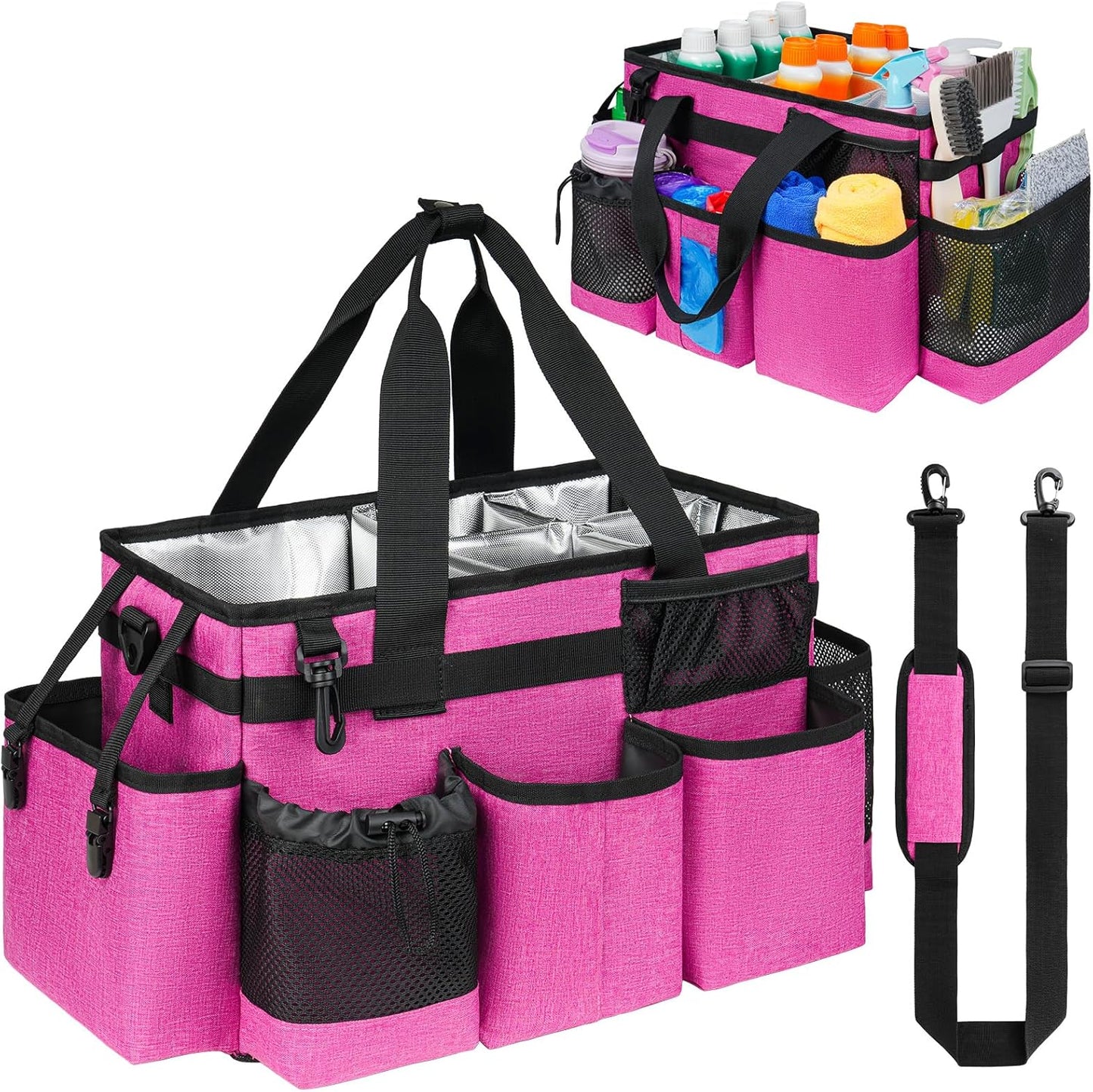 Cleaning Caddy Bag, Cleaning Supplies Organizer for Housekeepers, Housekeeping Caddy with Handle and Detachable Padded Cushion, Pink