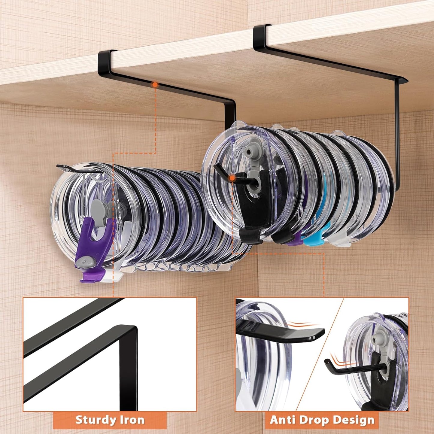 2 Pack Tumbler Lid Organizer, Horizontal Tumbler Lid Storage Hook Up to 20 Lids, Space Saving Cup Lid Holder Under Cabinet Tumbler Lid Hook for Kitchen Organizer, Paper Towel Hanger(Round&Flat, Black)