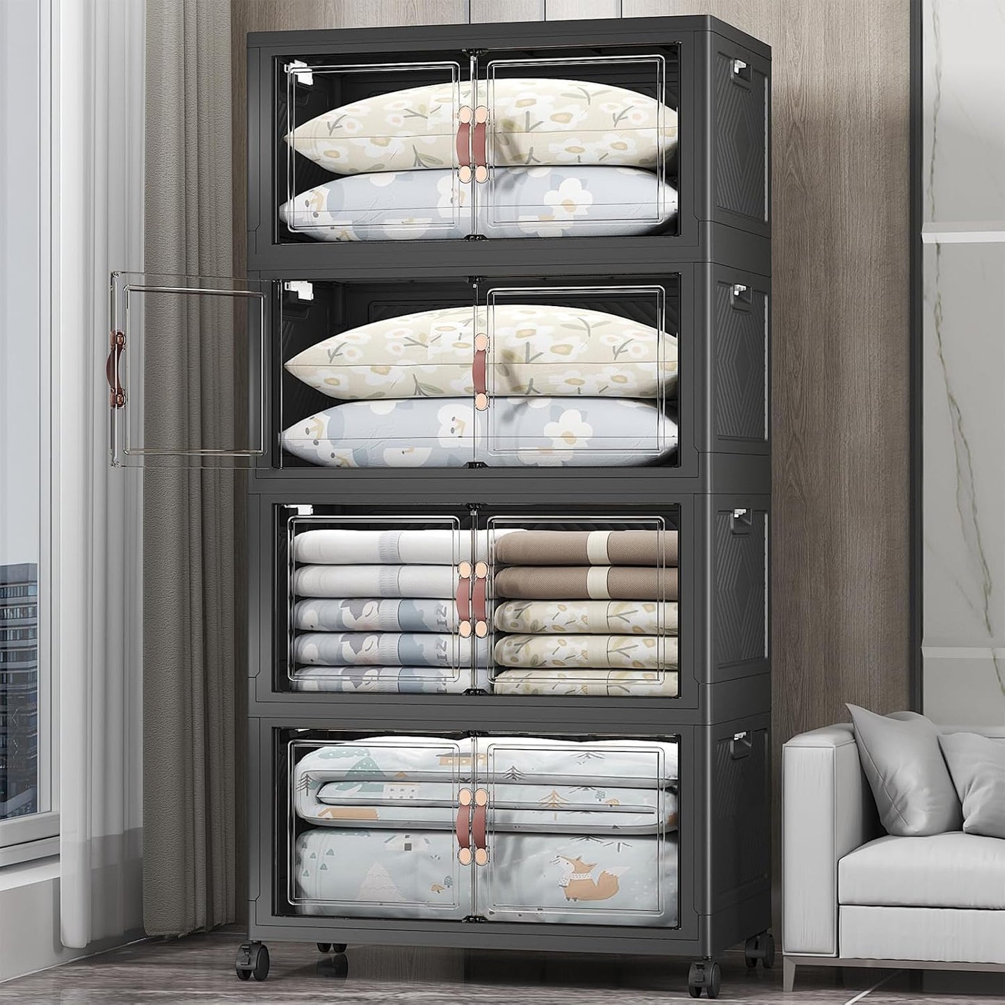 Extra Large Stackable Storage Bins with Lids & Wheels & Door, 640QT-160QT/40GAL*4Pack Foldable Collapsible Closet Organizers, Plastic containers drawers for bedroom Dorm